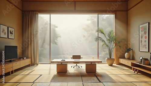 A serene, modern Japanese-inspired home office interior. Features a large window overlooking a misty forest with sun rays, a minimalist wooden desk, and tatami flooring, blending nature with a product