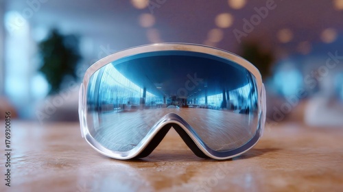 Wallpaper Mural Pair of ski goggles resting on a wooden surface. the goggles have a silver frame and a clear lens. the background is blurred, but it appears to be an indoor space with a blue sky and some lights. Torontodigital.ca