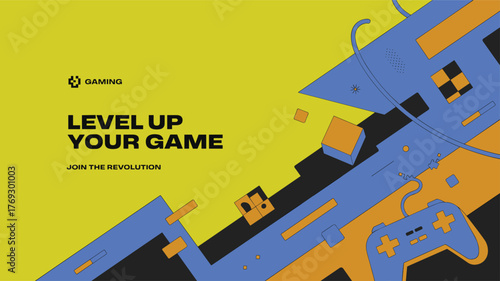 Gaming revolution poster, colorful controller design, level up message, digital entertainment layout, esports branding, geometric background, modern gamer concept