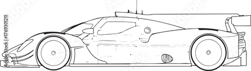 Dynamic Line Art Drawing of a High-Performance Racing Prototype Car Side View