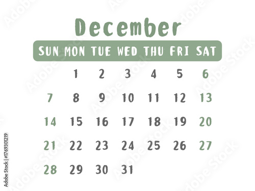 2025年　12月（December）　カレンダー　イラスト