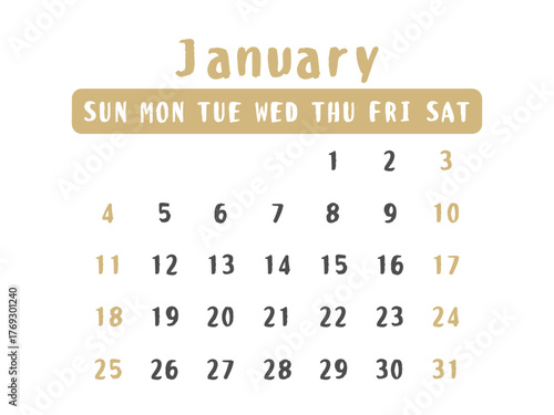 2026年　1月（January）　カレンダー　イラスト