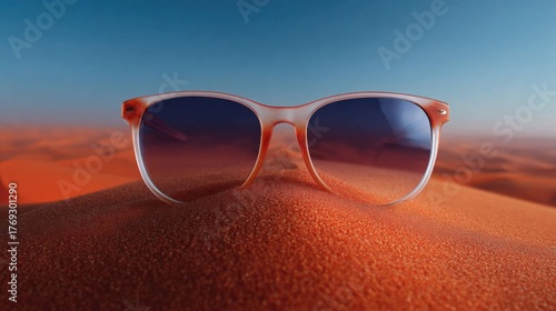 Wallpaper Mural Pair of sunglasses resting on top of a sand dune. the sunglasses are orange in color and have a rectangular frame with a thin metal bridge. the lenses are dark blue and appear to be polarized. Torontodigital.ca