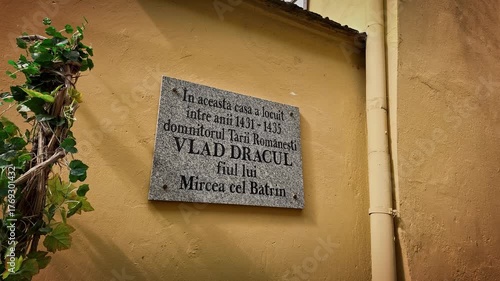Wall plaque on Vlad Dracula’s birthplace Romanian tourist attraction