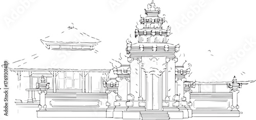 Traditional Southeast Asian Temple Complex Architectural Line Drawing