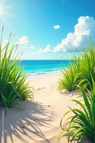 Sun-drenched beach scene with gently waving seagrass, creating a serene and wavy summer atmosphere Perfect for travel, summer, and vacation themes , texture, peaceful