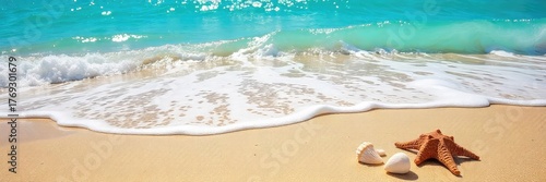 Sun-drenched beach scene with vibrant blue ocean waves crashing on golden sand, seashells scattered along the shore, a perfect summer day , seasonal, horizon, nature