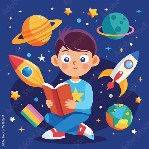 "Child Reading Book in Outer Space – Imaginative Learning with Planets, Rocket, and Stars"