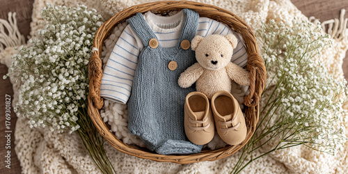 Cozy flat lay pregnancy announcement scene with basket containing baby outfit, teddy bear, and shoes, surrounded by delicate flowers on knitted blanket
