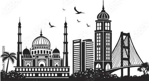 High resolution black and white city skyline silhouette graphic design artwork