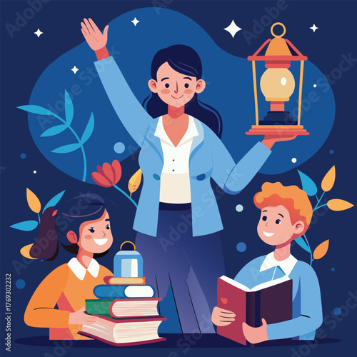 Modern flat vector illustration of a female mentor holding a lantern with children reading books, representing education, guidance, and lighting the way to knowledge"