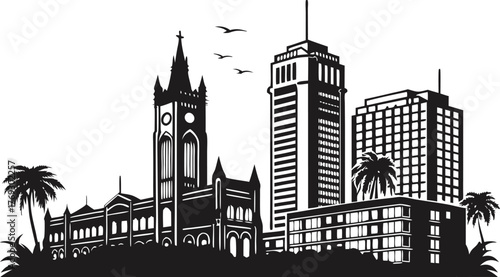 High resolution black and white city skyline silhouette with architectural details and urban landscape elements