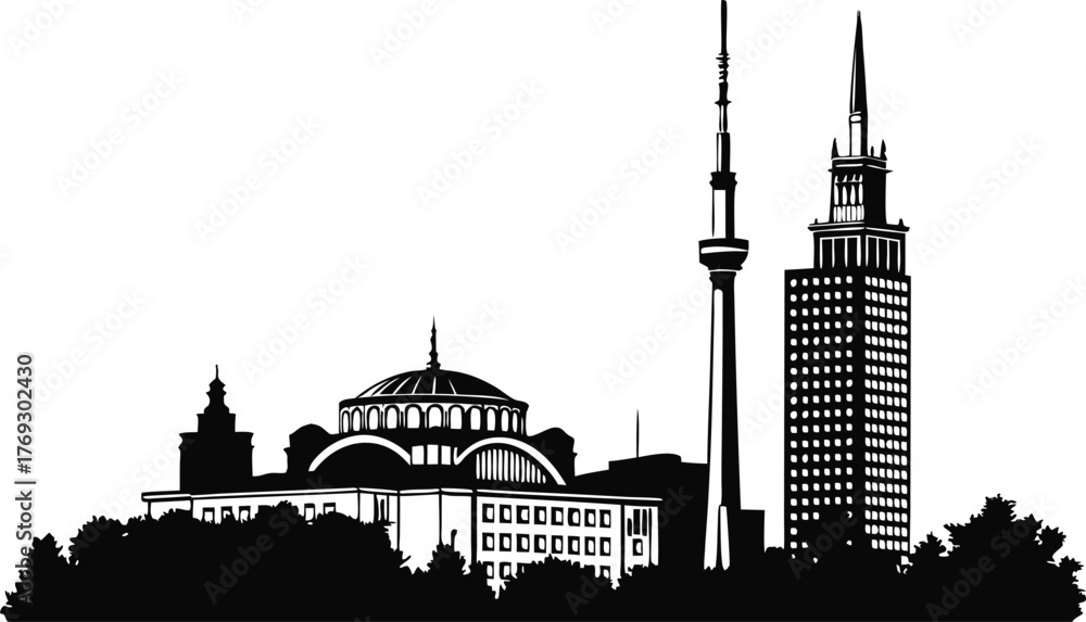 Fototapeta premium High resolution black and white silhouette of a modern city skyline at dusk or dawn