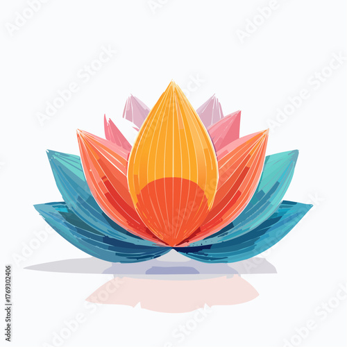 Stylized floral emblem with layered petals and vivid color gradients on white canvas