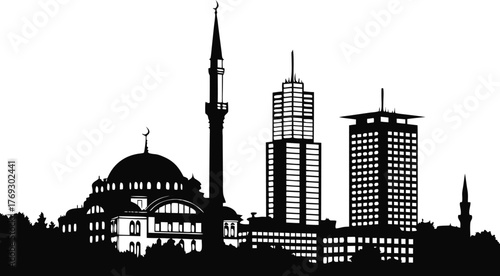 High resolution black and white city skyline silhouette design for graphic projects