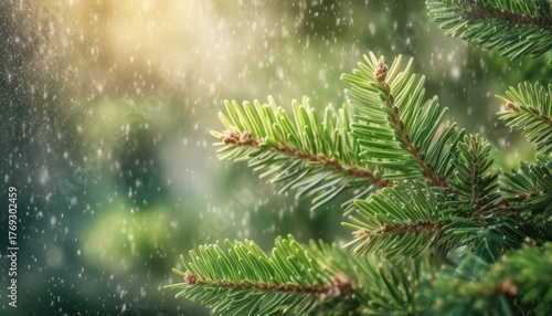 serene winter pine branch glistening with snowflakes under golden sunlight lush forest backdrop tranquil mood macro composition editorial illustration banner copy space