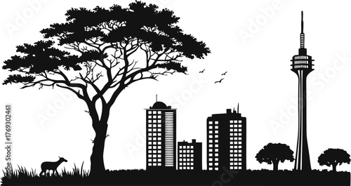 High resolution black and white city skyline silhouette graphic design for architectural and urban projects