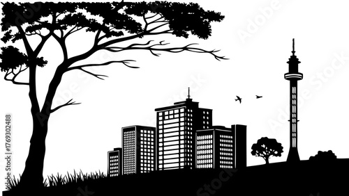 High resolution black and white city skyline silhouette with architectural detail and geometric shapes