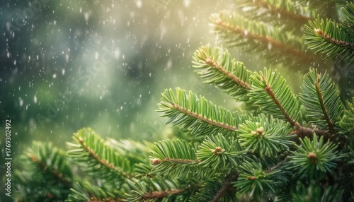 serene winter pine branch glistening with snowflakes under golden sunlight lush forest backdrop tranquil mood macro composition editorial illustration banner copy space