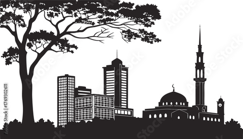 A high resolution black and white city skyline silhouette with detailed architectural elements and a modern urban feel
