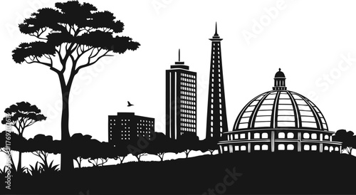 High resolution black and white city skyline silhouette design with helvetica and courier font elements