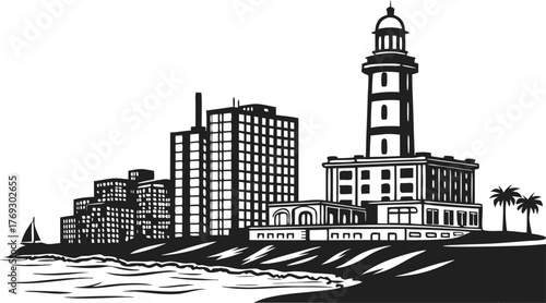 High resolution black and white city skyline silhouette design featuring iconic buildings and urban landscape elements