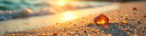 Sun-kissed beach, glittering jewels scattered across the sand, reflecting the golden sunlight  A tranquil scene of natural beauty and treasure ,  gems,  holiday,  ocean