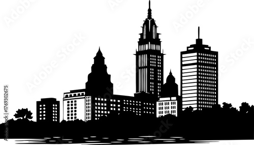 High resolution black and white city skyline silhouette design featuring tall buildings and urban landscape elements