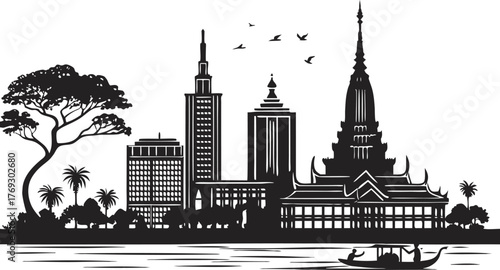 High resolution black and white city skyline silhouette vector design for graphic projects
