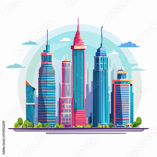 Vibrant city skyline vector illustration depicting modern urban landscape with tall buildings
