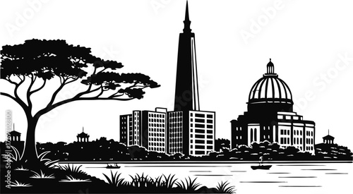 High resolution black and white city skyline silhouette design with architectural details and urban landscape elements