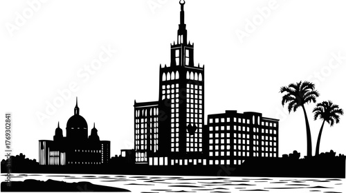 High resolution black and white city skyline silhouette with architectural detail and subtle color accents