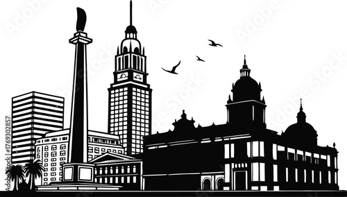 High resolution black and white city skyline silhouette graphic design for urban themed projects