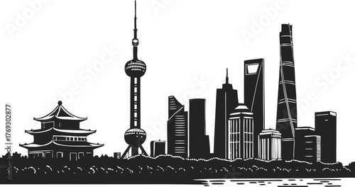 High resolution black and white city skyline silhouette illustration for graphic design projects