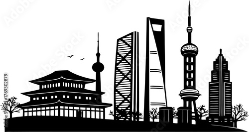 High resolution black and white city skyline silhouette design with detailed architectural elements
