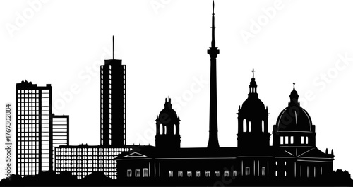 High resolution black and white city skyline silhouette with architectural details and modern buildings