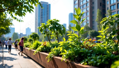 A vibrant city scene with lush green plants in the foreground, and blurred figures and buildings in the background. The sunlight creates a warm atmosphere