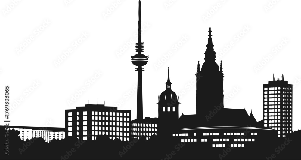 Obraz premium High resolution black and white city skyline silhouette illustration for graphic design projects