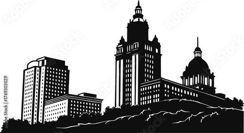 High resolution black and white city skyline silhouette design with architectural detail and urban landscape elements