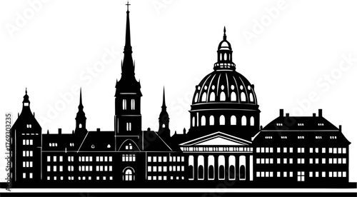High resolution black and white city skyline silhouette design for graphic projects