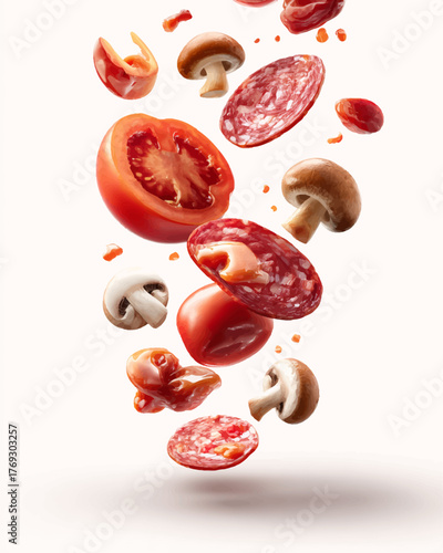 Close-up shot of various pizza toppings falling against a white background.