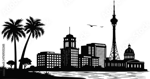 High resolution black and white city skyline silhouette illustration for graphic design projects