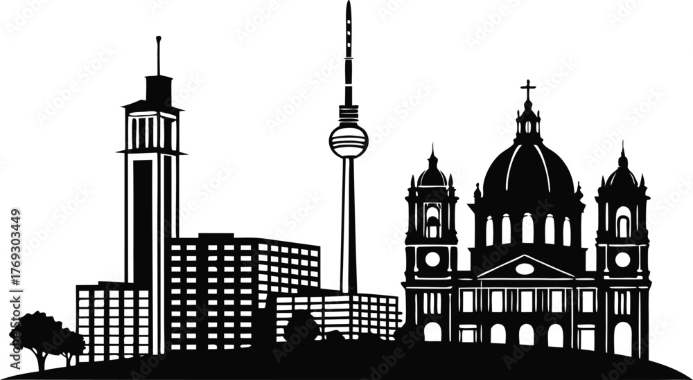 Fototapeta premium High resolution black and white city skyline silhouette design with architectural detail and urban landscape elements