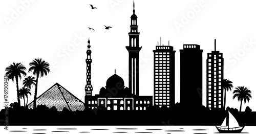 High resolution black and white city skyline silhouette design with architectural details and urban elements