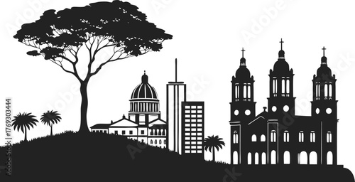 A high resolution black and white city skyline silhouette design suitable for various applications