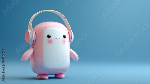Cute cartoon penguin with headphones on blue background.