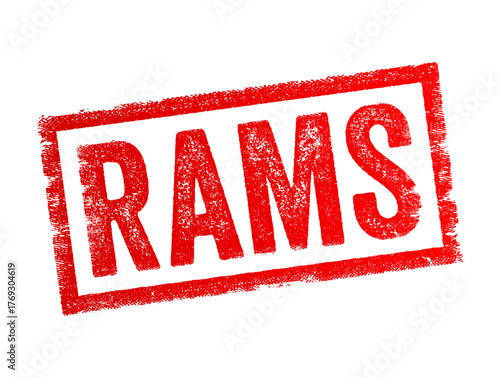 RAMS text in bold letters inside a rectangular border with a rough textured effect on background. Grunge rubber stamp style design representing labeling, marking, or identification concept