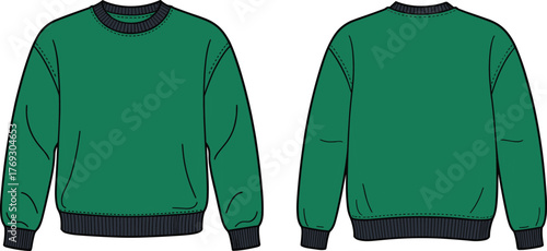 Green crewneck sweatshirt front back view, black ribbed cuffs, waistband, neckline, fashion sketch