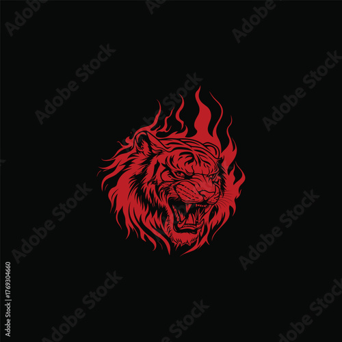 Fierce roaring tiger head illustration engulfed in stylized flames, presented in a striking red and black color scheme