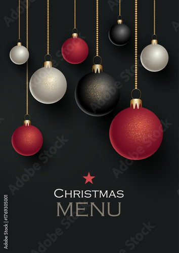 Elegant Christmas menu cover design with hanging glittery baubles